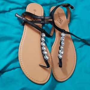 Womens Black and Clear Rhinestone Flat Sandals